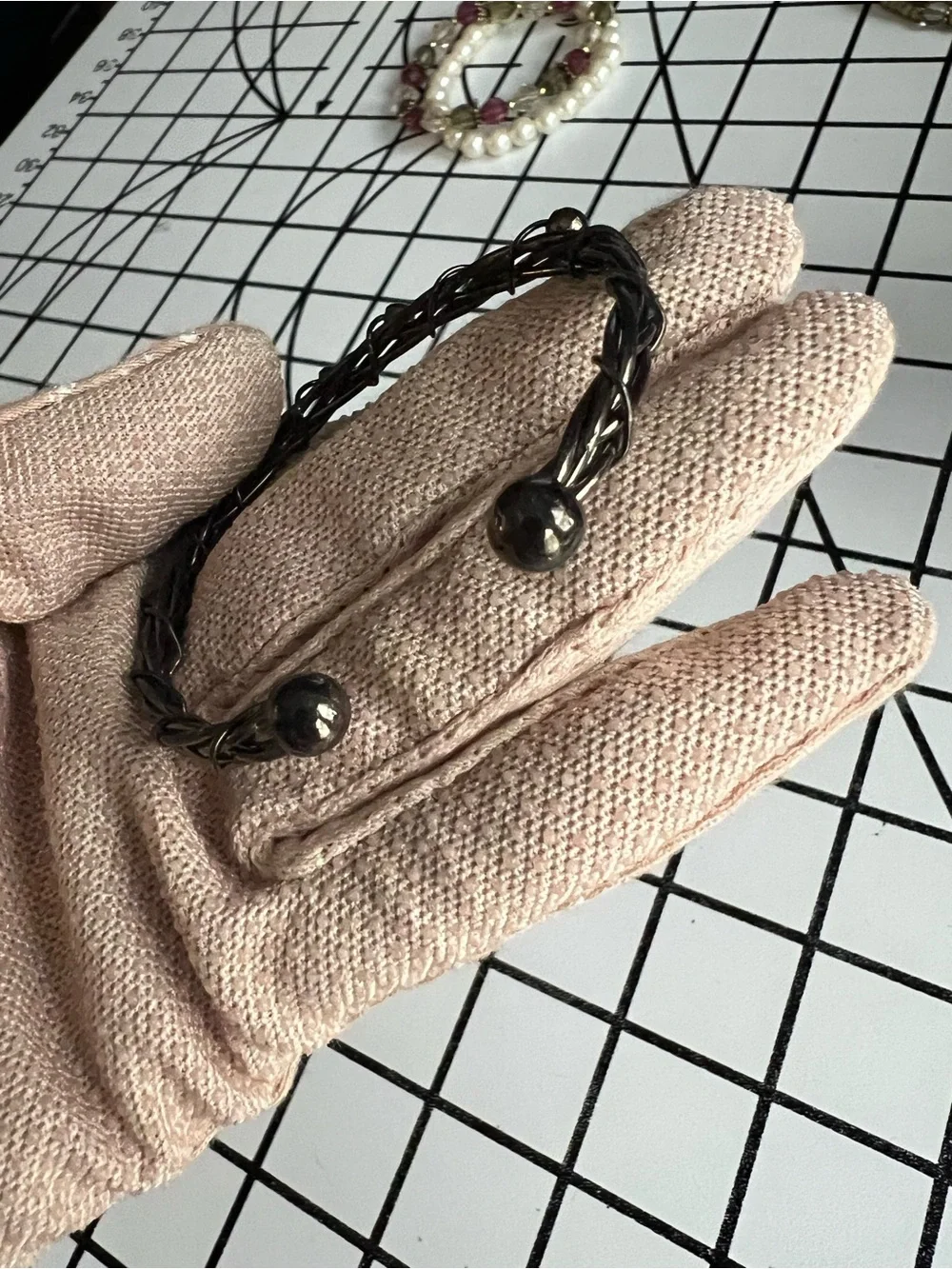 Vintage Gunmetal Twisted Wire Vine Cuff Bracelet Beaded Statement
